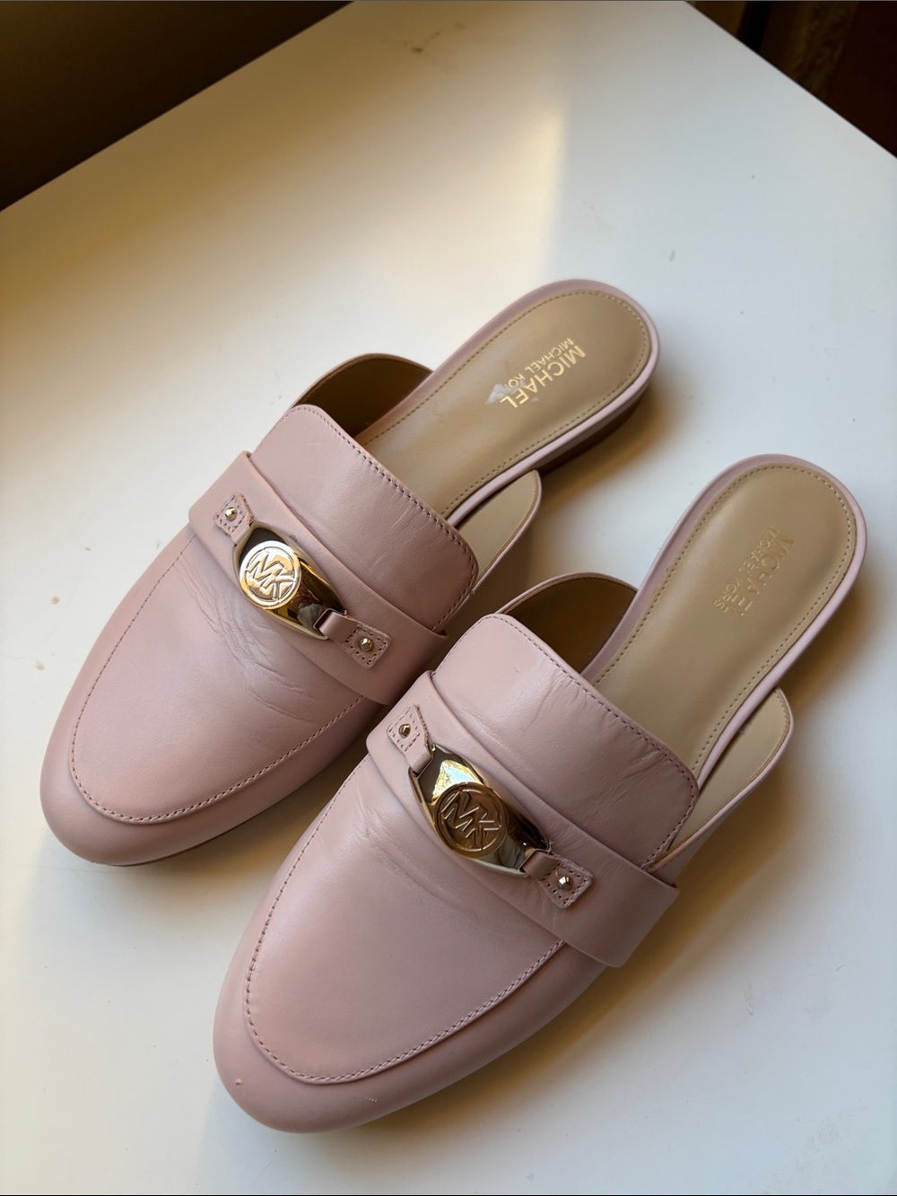 Michael Kors Blush Pink Leather Slip-On Mules with silver MK Accent